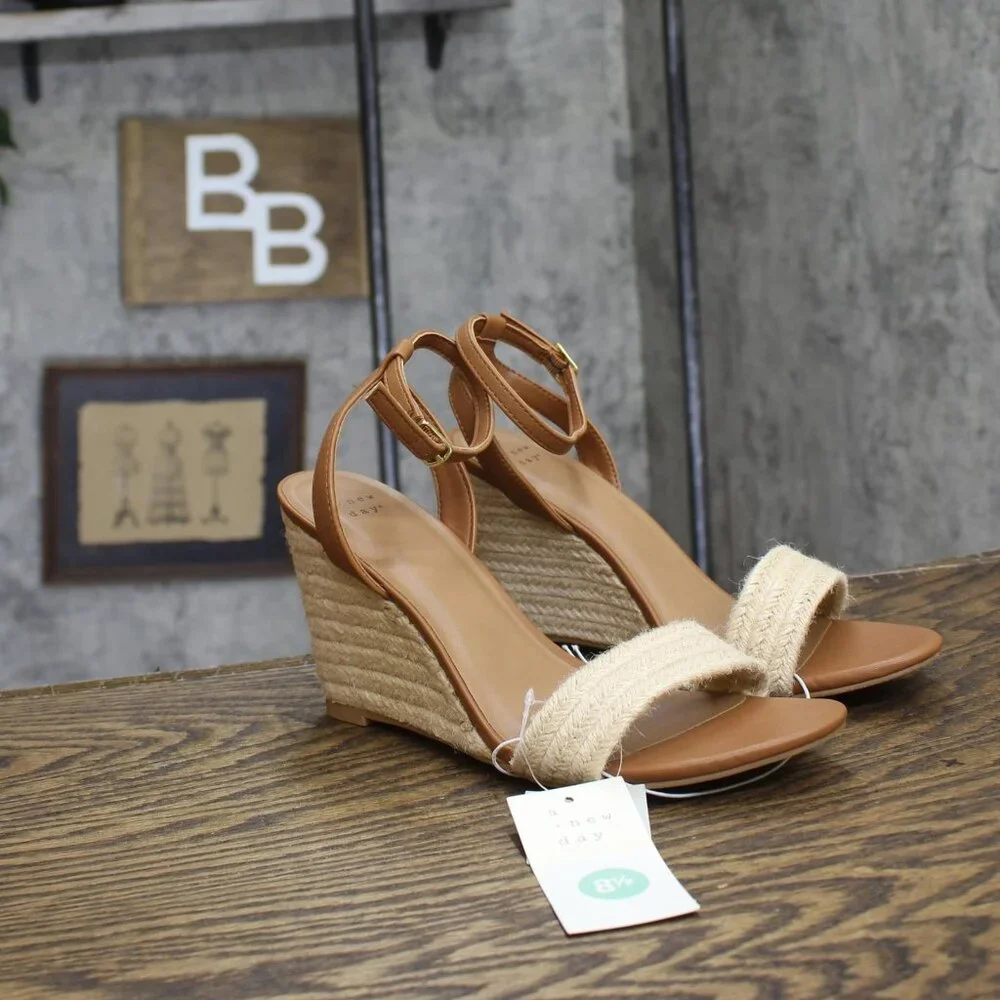 a new day Tan Leather and Cream Raffia Wedge Sandals